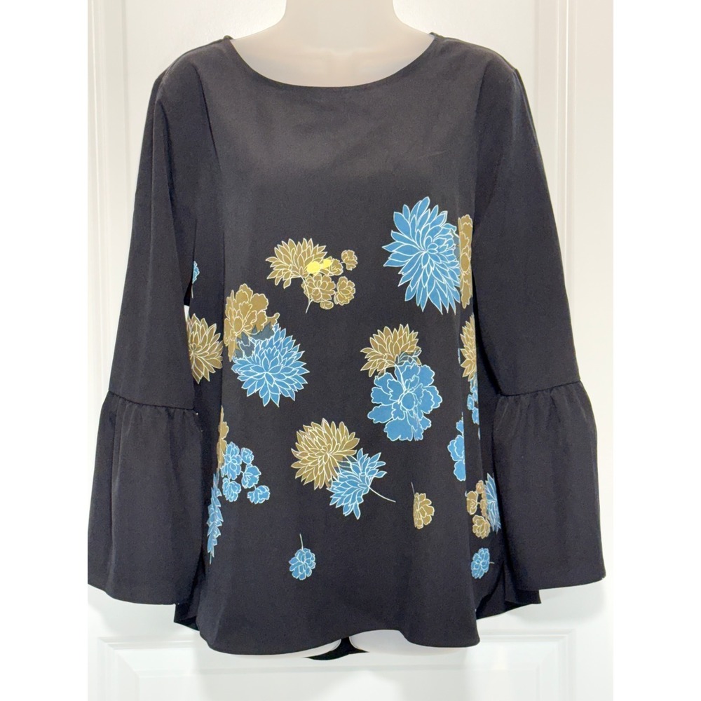 APT 9 Womens Black Floral Bell‎ Sleeve Blouse Top XL Blue Blouse Shirt Career